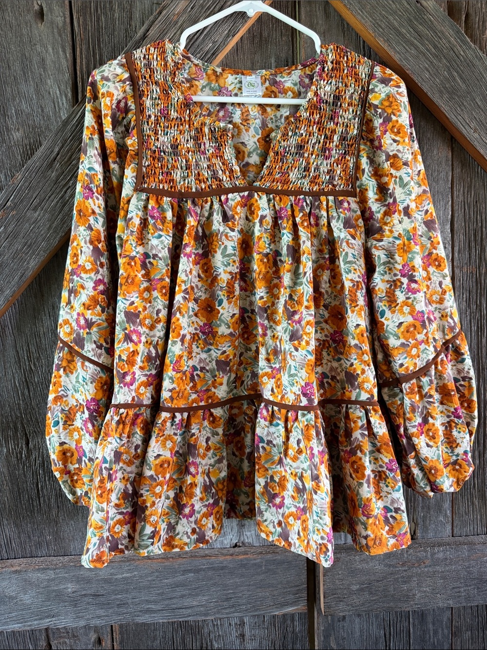 Womens Floral Smocked Tiered Blouse - Orange Multi